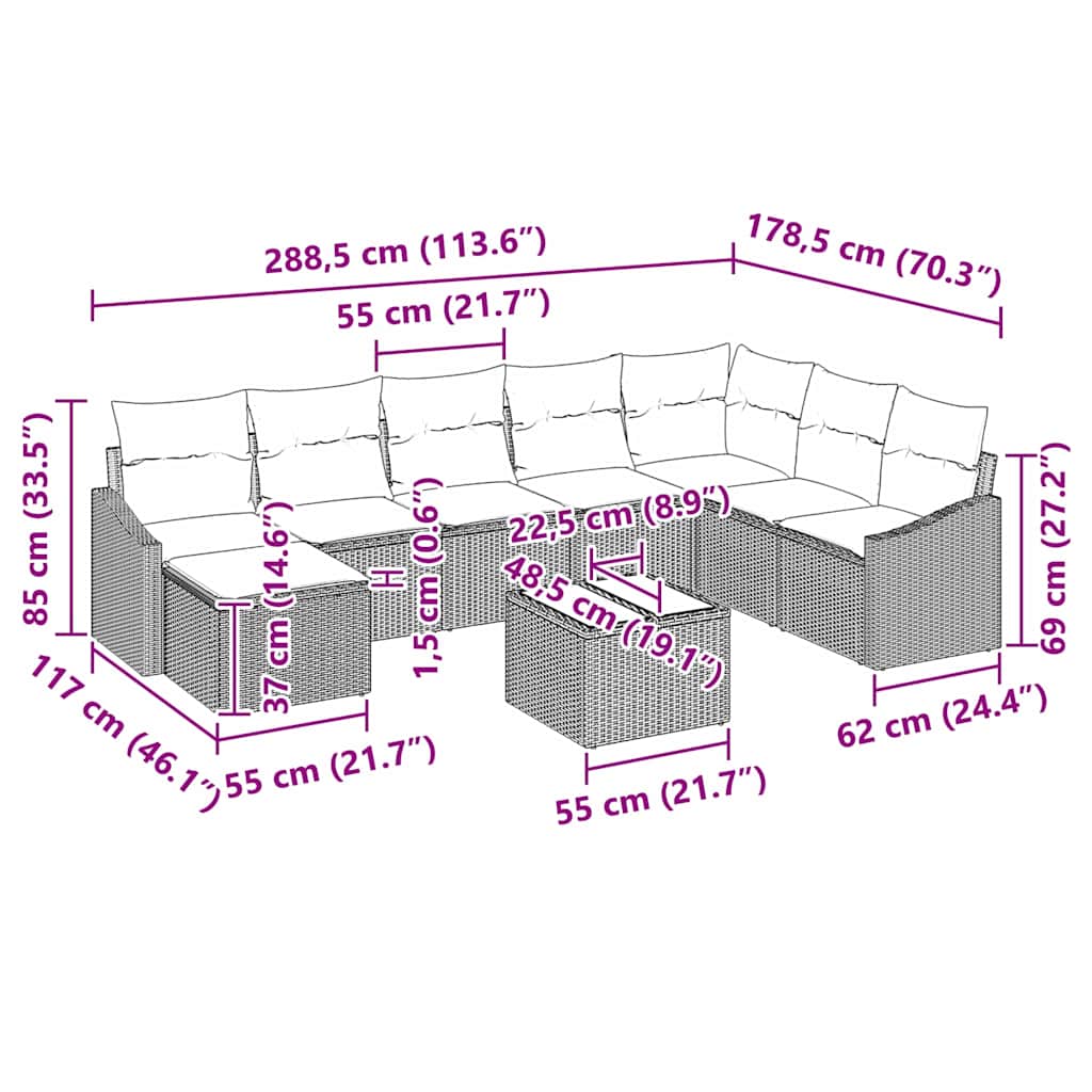 Sofa Set with Cushion 9 pcs Black Poly Rattan