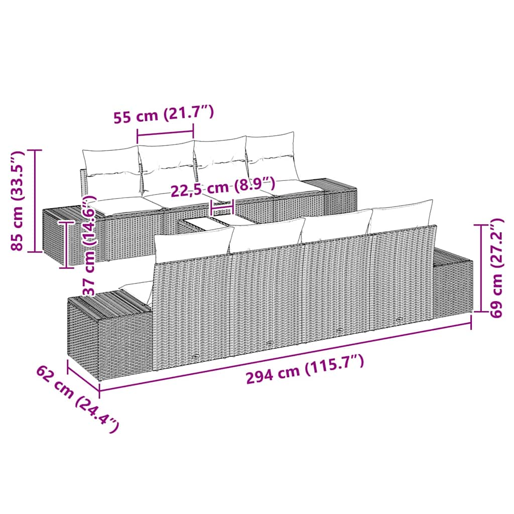 Garden Sofa Set with Cushion 7 pcs Black 294 x 62 x 69 cm
