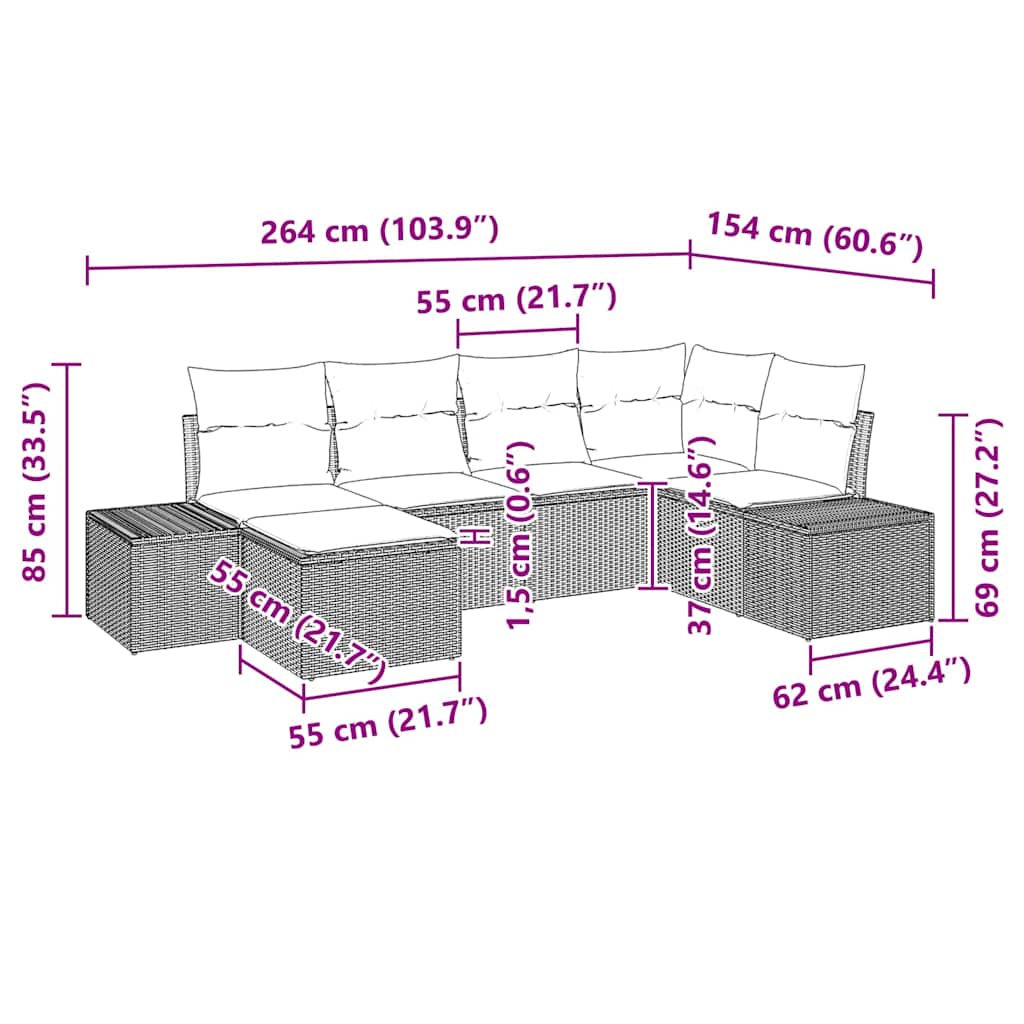 Garden Sofa Set with Cushion 6 pcs Black Poly Rattan