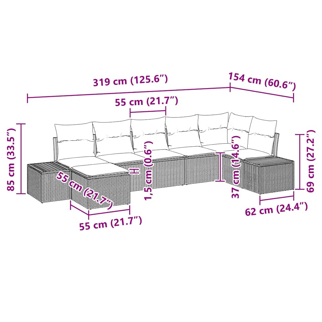 Garden Sofa Set with Cushion 7 pcs Black Poly Rattan