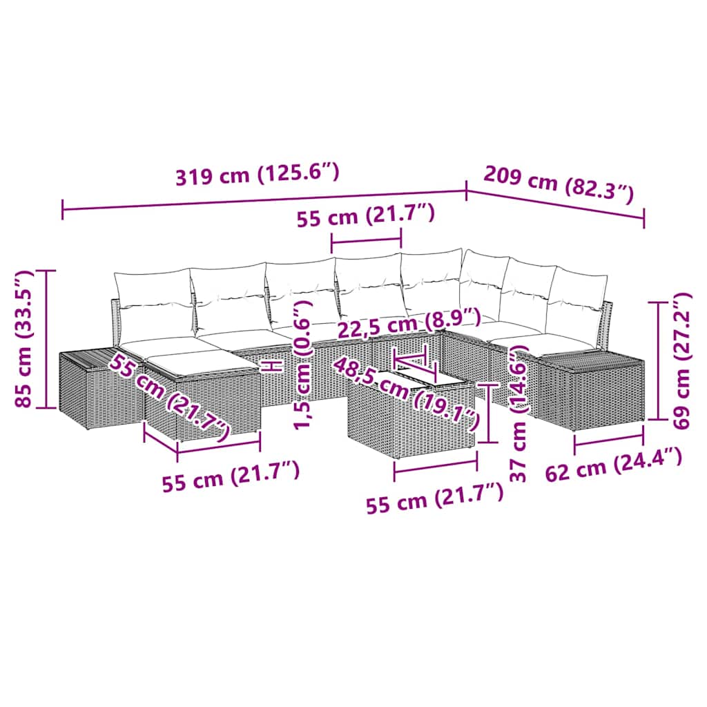 Garden Sofa Set with Cushion 9 pcs Poly Rattan