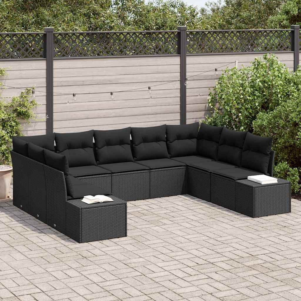 Garden Sofa Set with Cushion 9 pcs Black Poly Rattan