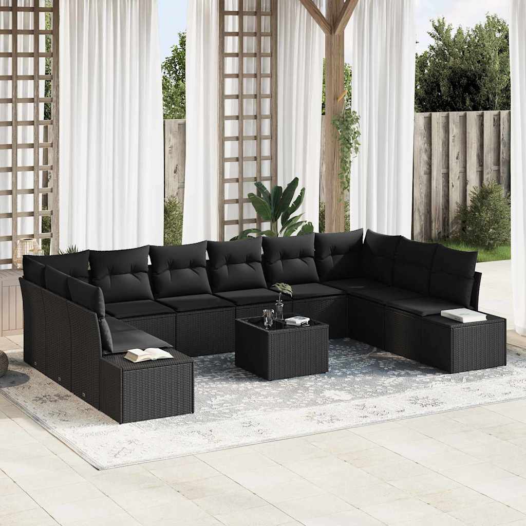 Garden Sofa Set with Cushion 11 pcs Black Poly Rattan
