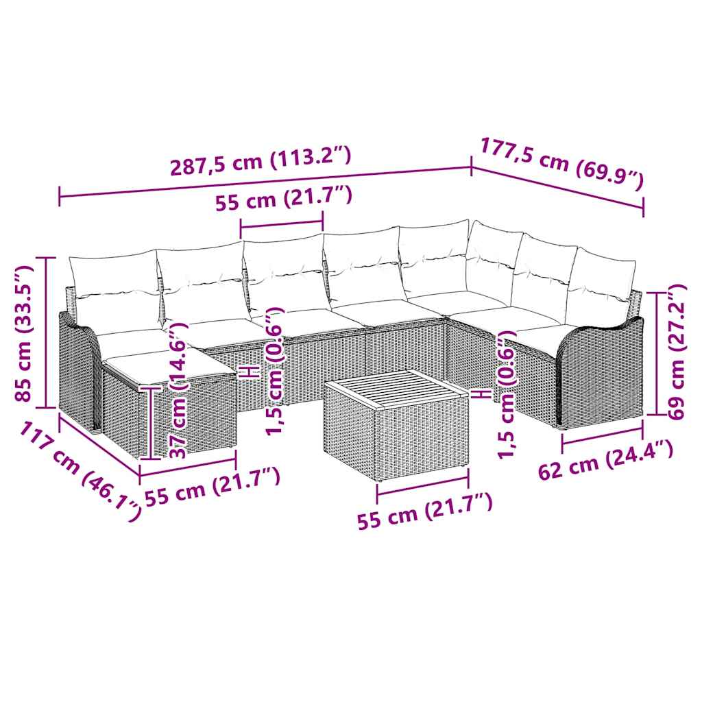 Garden Sofa Set 9 pcs Grey Poly rattan