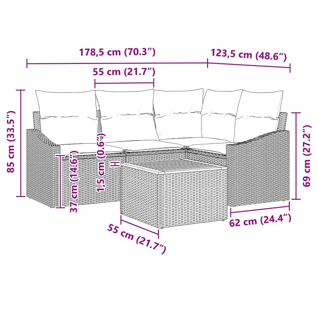 Garden Sofa Set with Cushion 5 pcs Grey Poly Rattan
