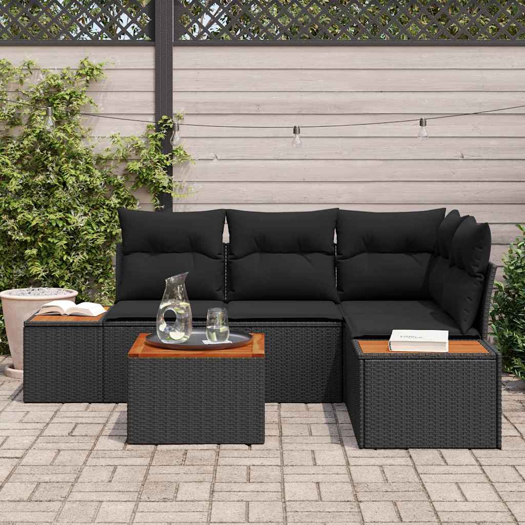 Garden Sofa Set with Cushion 5 pcs Black Poly Rattan