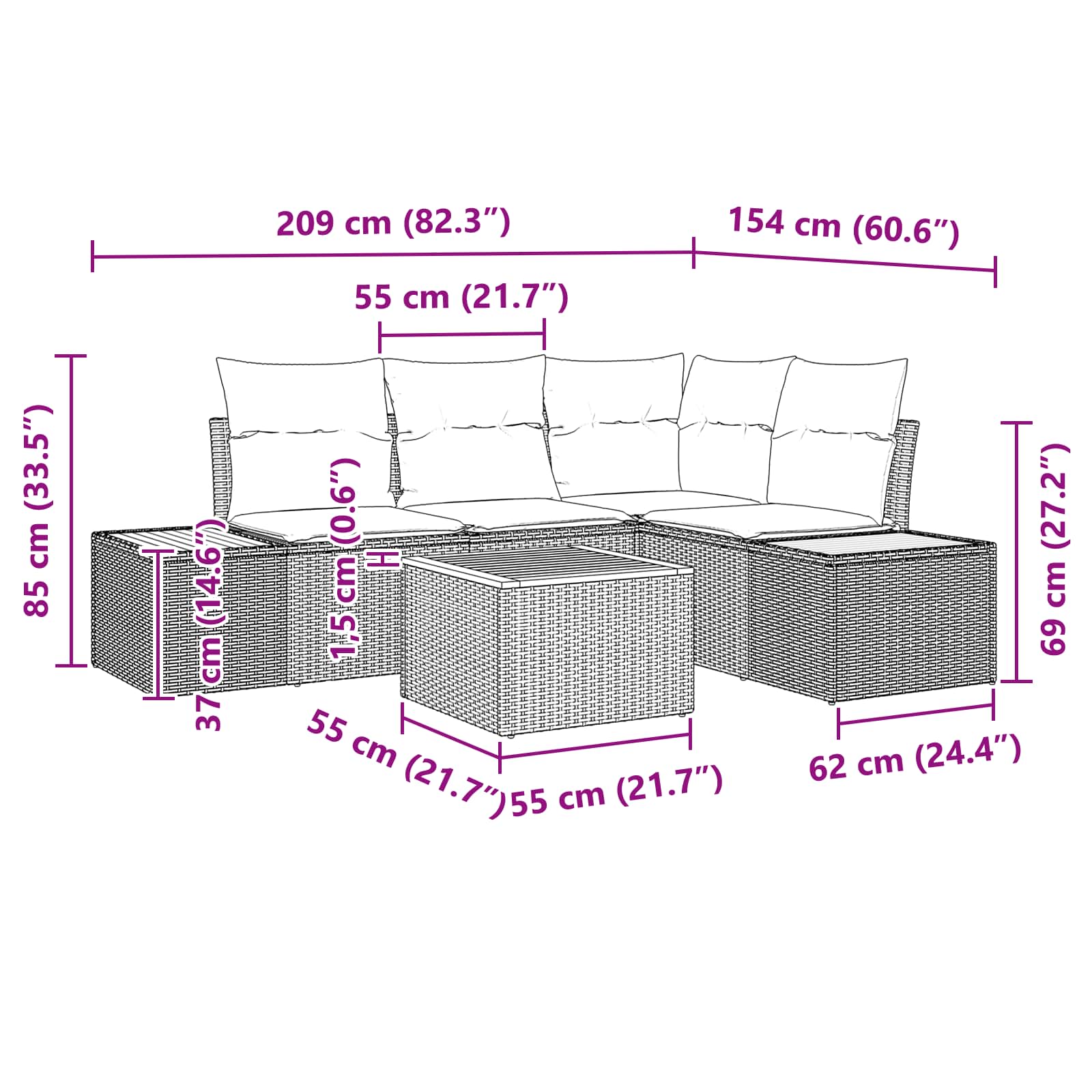 Garden Sofa Set with Cushion 5 pcs Black Poly Rattan