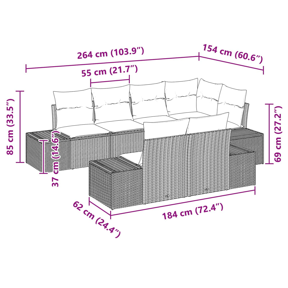 Garden Sofa Set with Cushion 7 pcs Black Poly Rattan