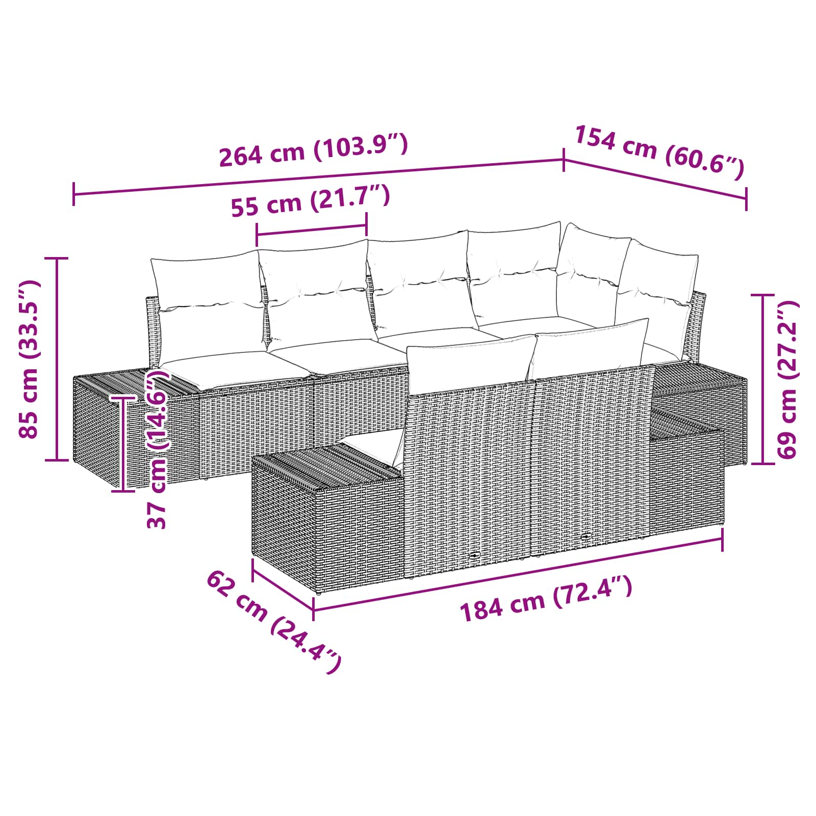 Garden Sofa Set with Cushion 7 pcs Black Poly Rattan