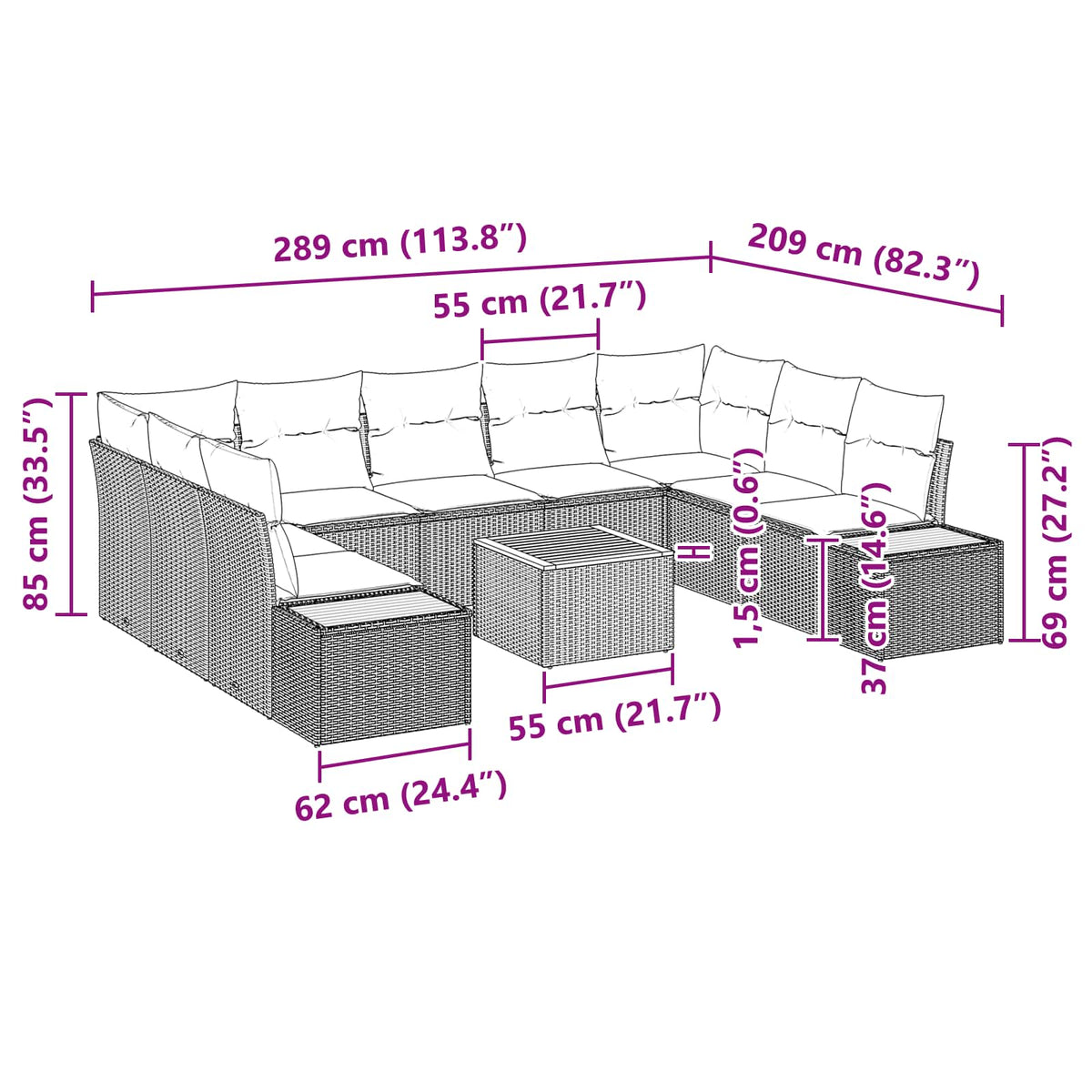 Garden Sofa Set with Cushion 10 pcs Black Poly Rattan