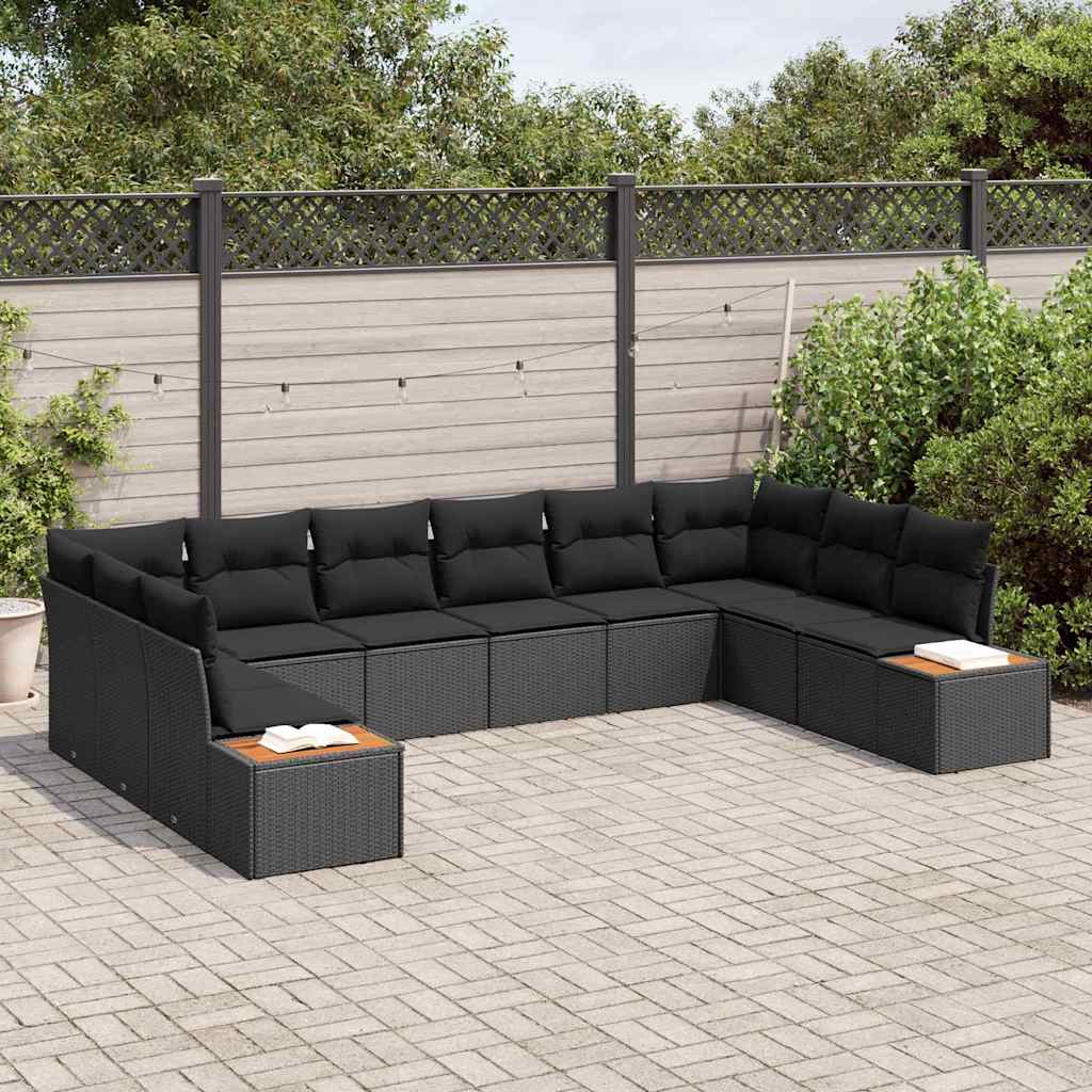 Garden Sofa Set with Cushion 10 pcs Black Poly Rattan