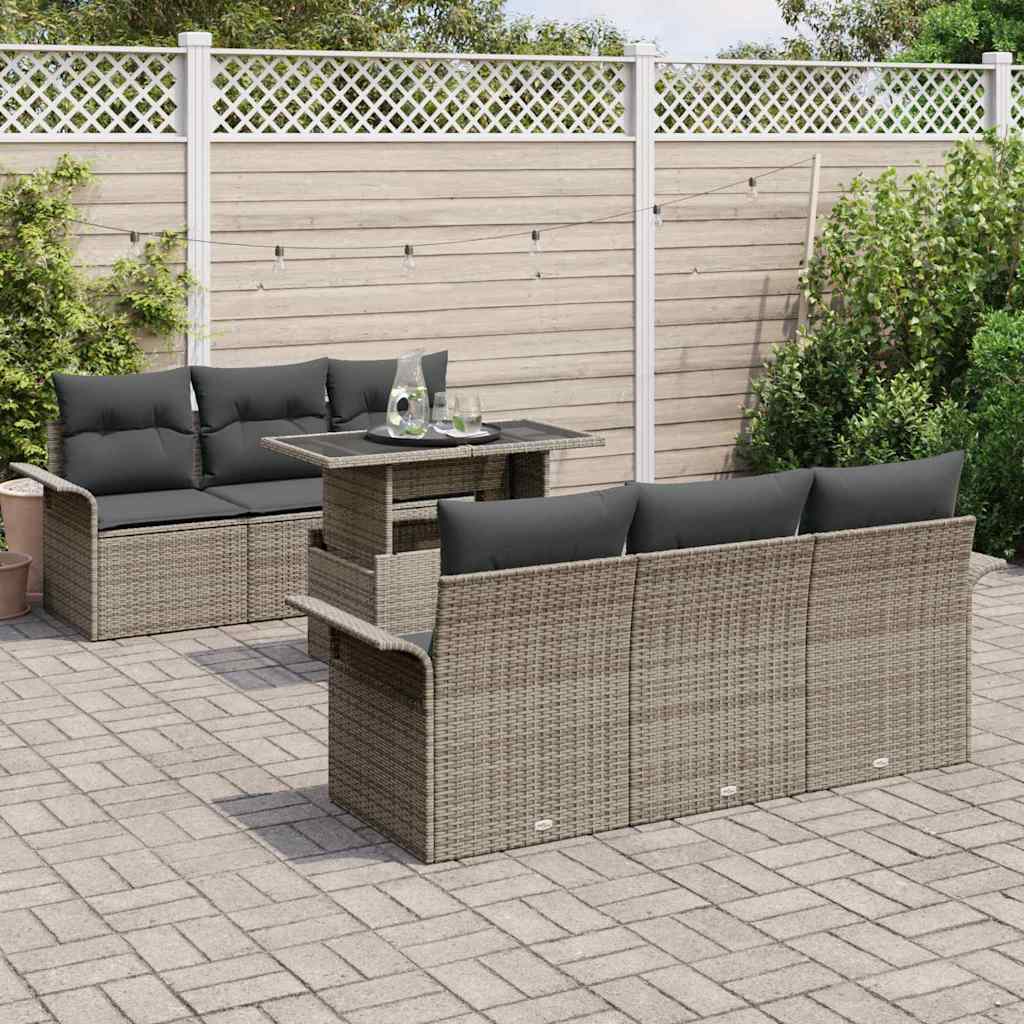 Garden Sofa Set with Cushion 7 pcs Grey Poly Rattan