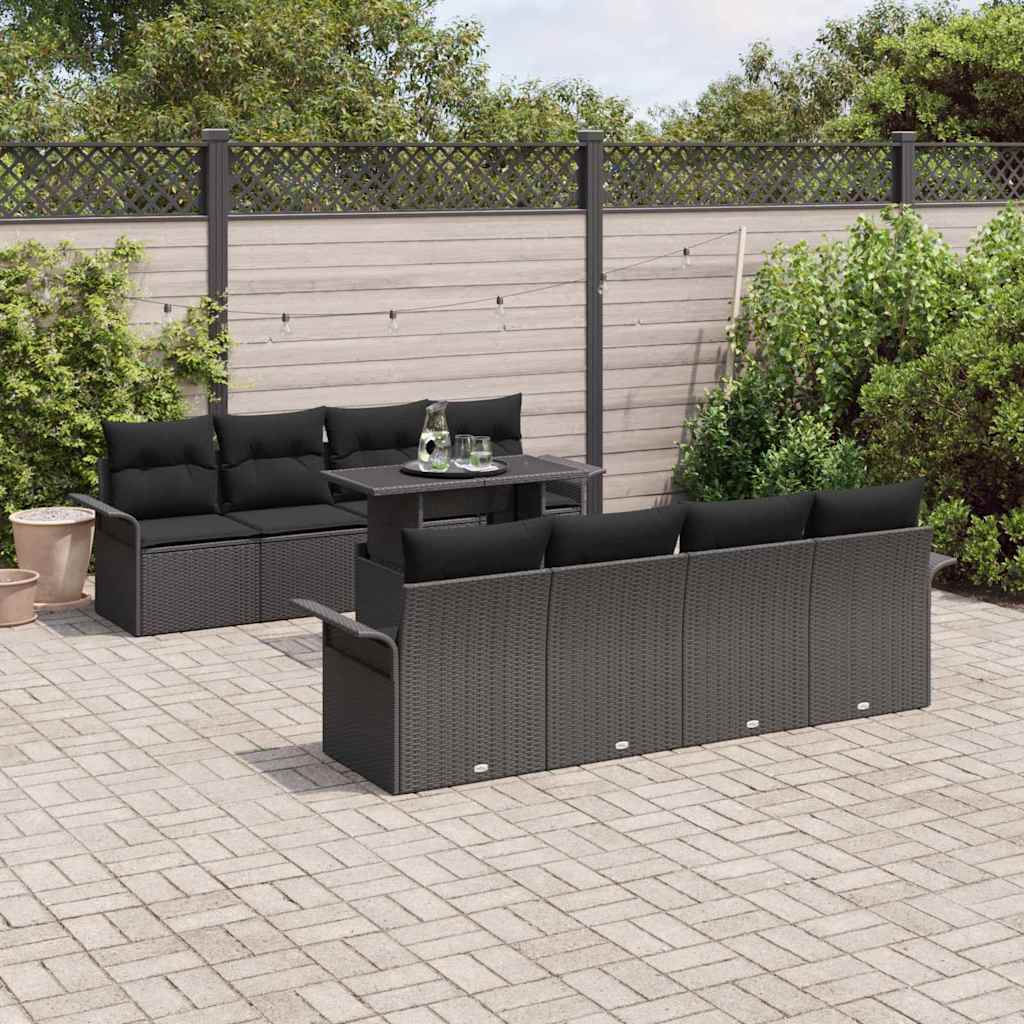 Garden Sofa Set with Cushion 9 pcs Black Poly Rattan