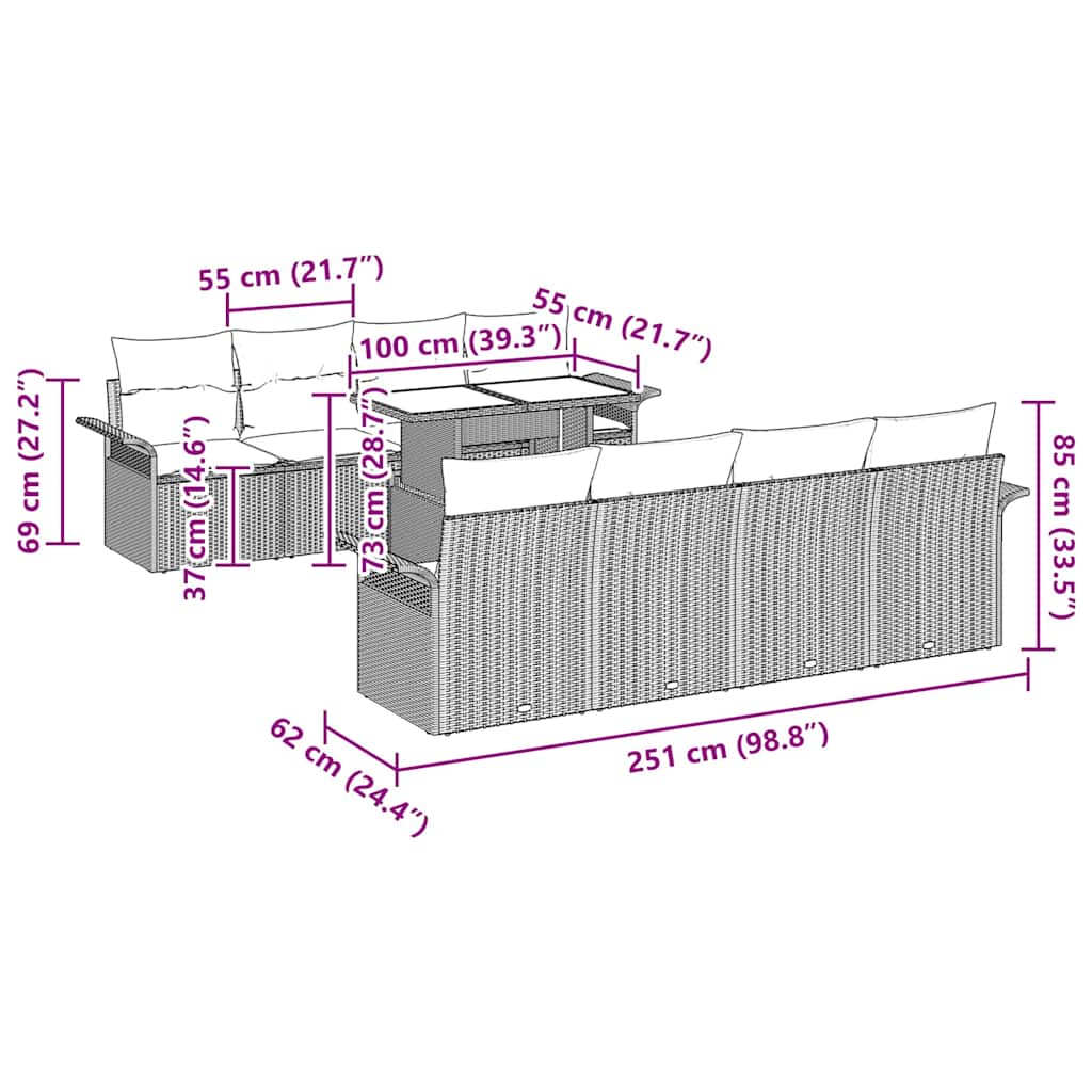 Garden Sofa Set with Cushion 9 pcs Black Poly Rattan