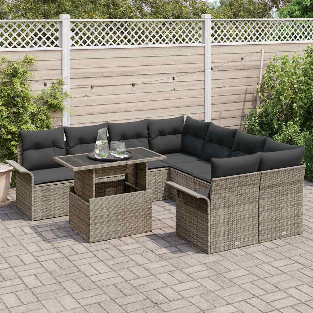 Garden Sofa Set with Cushion 9 pcs Grey Poly Rattan