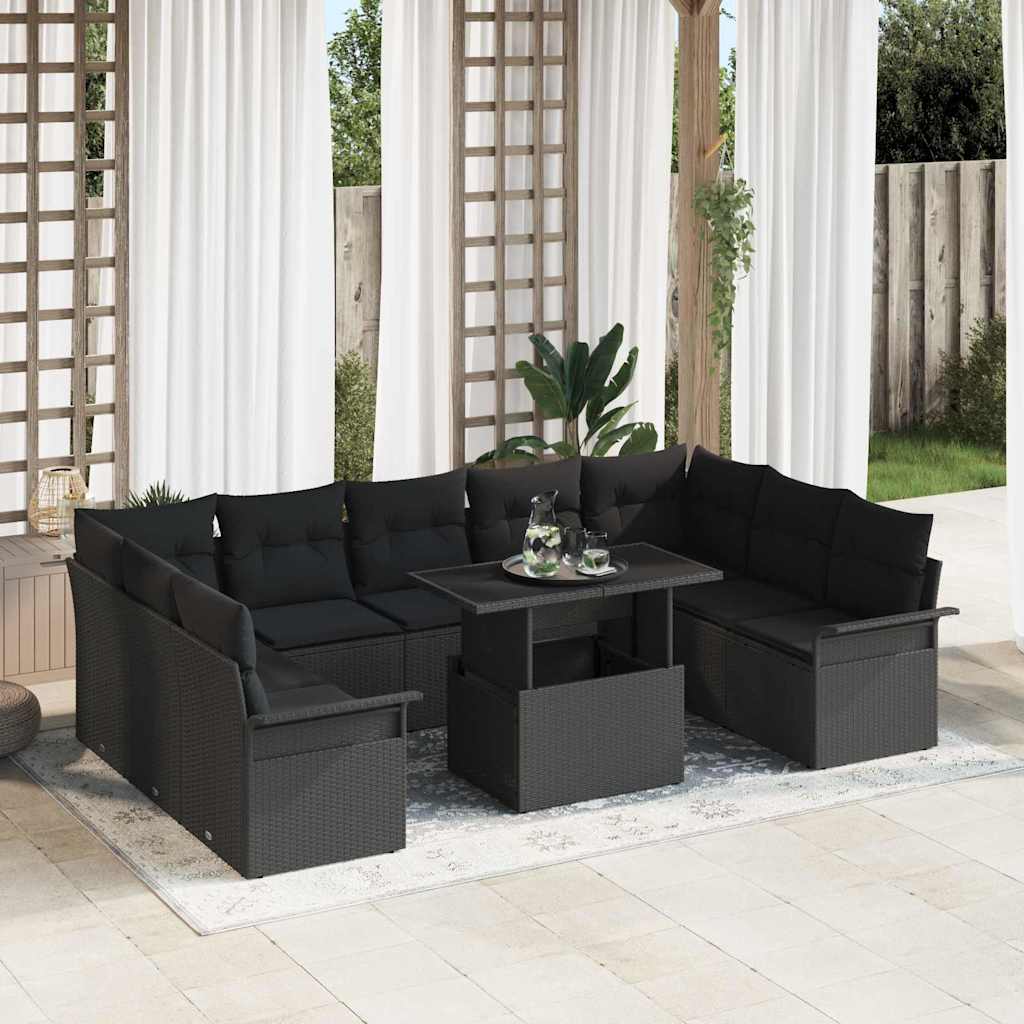 Garden Sofa Set with Cushion 10 pcs Black Poly rattan