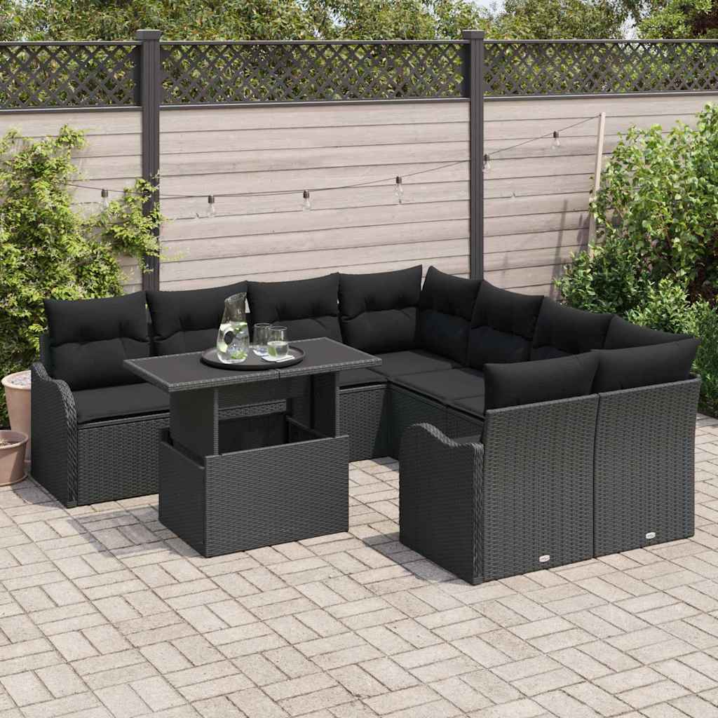 Garden Sofa Set with Cushion 9 pcs Black Poly rattan