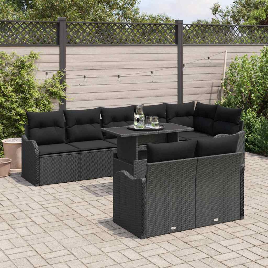 Garden Sofa Set with Cushion 9 pcs Black Poly rattan