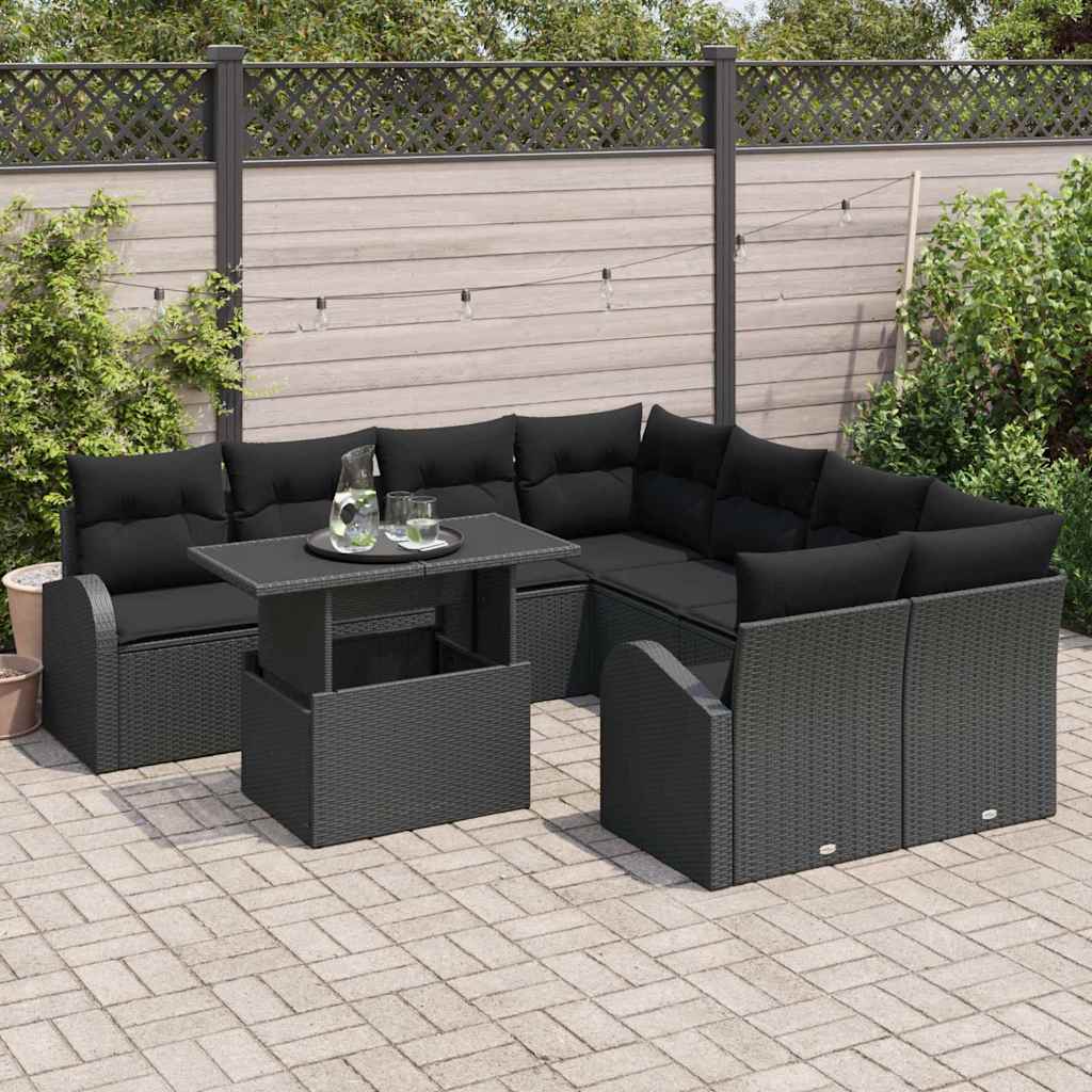Garden Sofa Set with Storage 9 pcs Black Poly Rattan