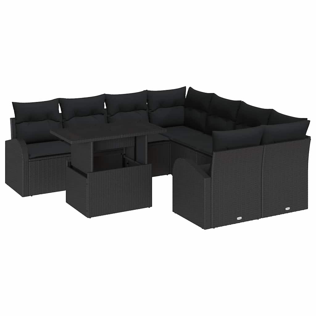 Garden Sofa Set with Cushion 9 pcs Black Poly rattan