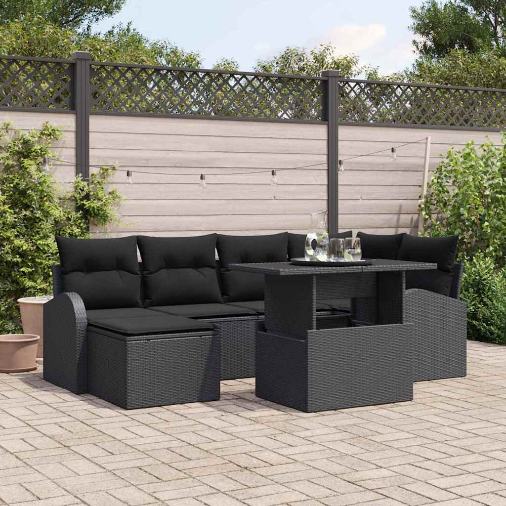 Garden Sofa Set 7 pcs Black Poly rattan, powder-coated steel