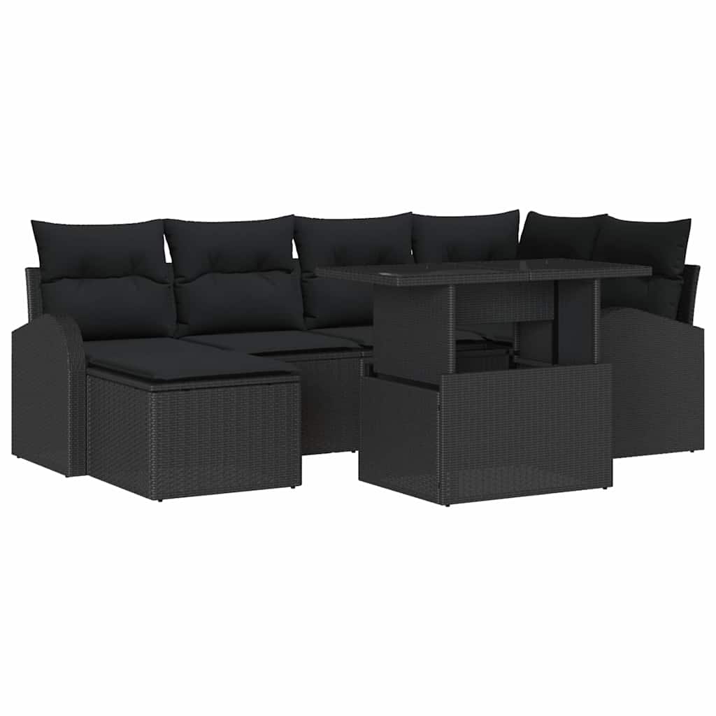 Garden Sofa Set 7 pcs Black Poly rattan, powder-coated steel