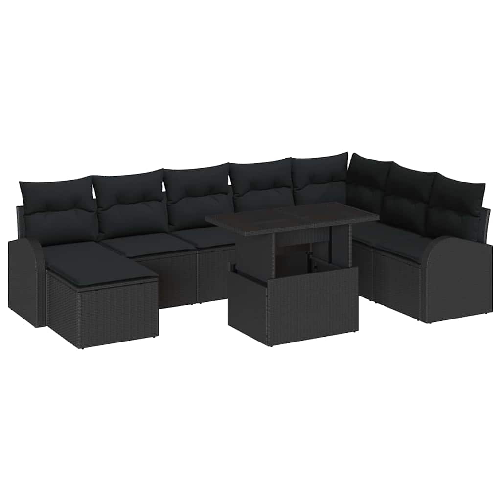 Garden Sofa Set 9 pcs Black Poly rattan, powder-coated steel