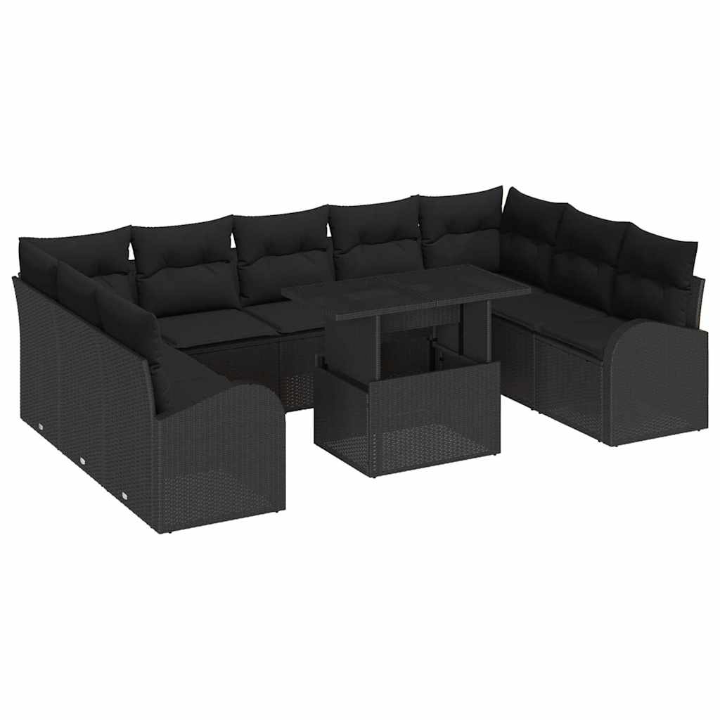 Sofa Set with Cushion Manual 10 pcs Black Poly Rattan