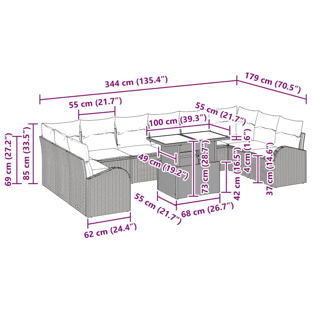 Garden Sofa Set with Cushion 11 pcs Black 100 x 55 x 73 cm