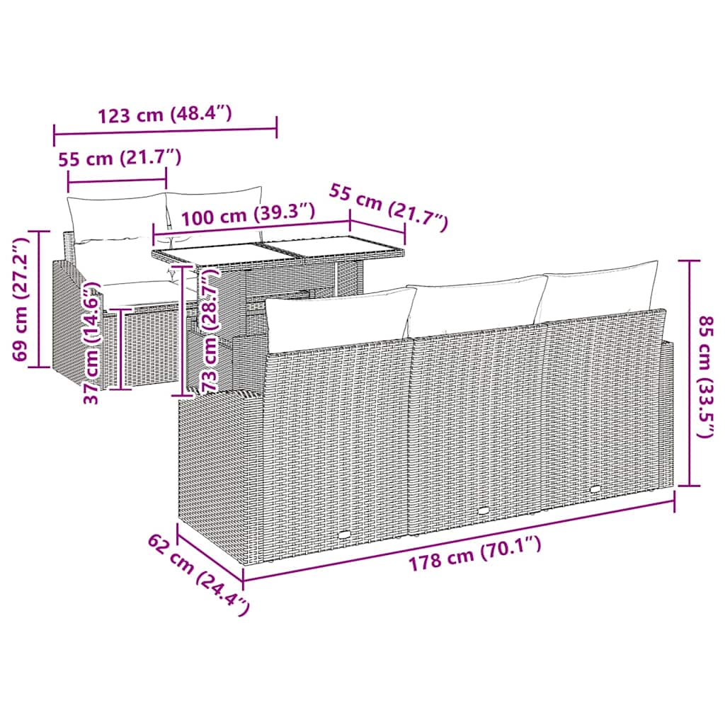 Garden Sofa Set with Cushion Height Adjustable 6 pcs Grey