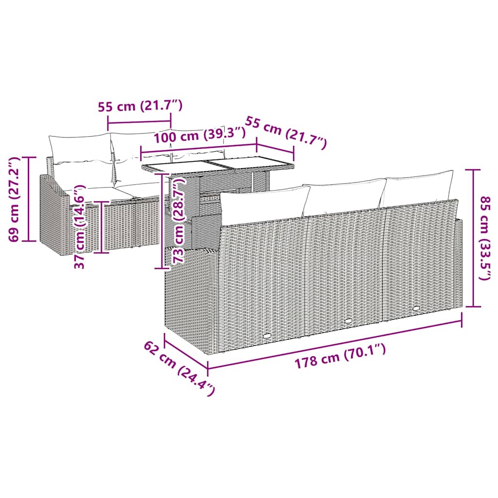Garden Sofa Set with Cushion Manual 7 pcs Grey 100 x 55 x 73 cm