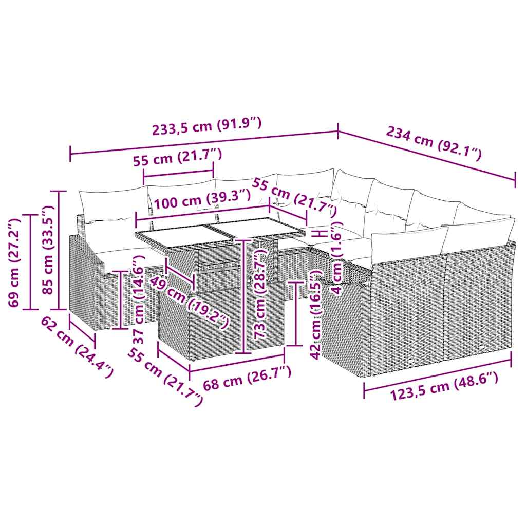 Garden Sofa Set with Cushion 9 pcs Grey 100 x 55 x 73 cm