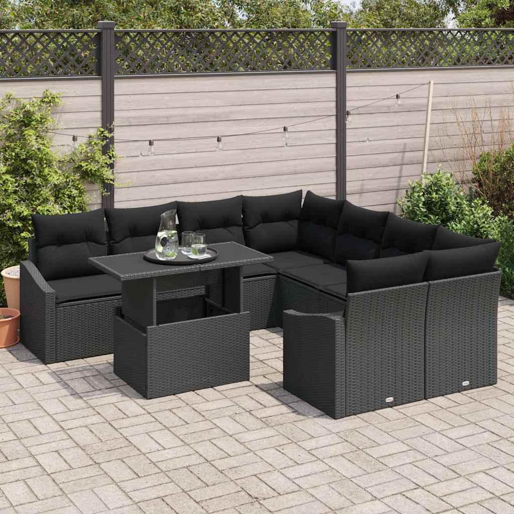 Garden Sofa Set with Cushion 9 pcs Black Poly Rattan
