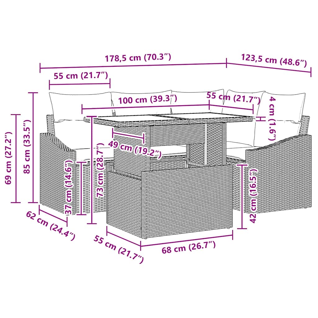 Garden Sofa Set with Cushion 5 pcs Grey 100 x 55 x 73 cm