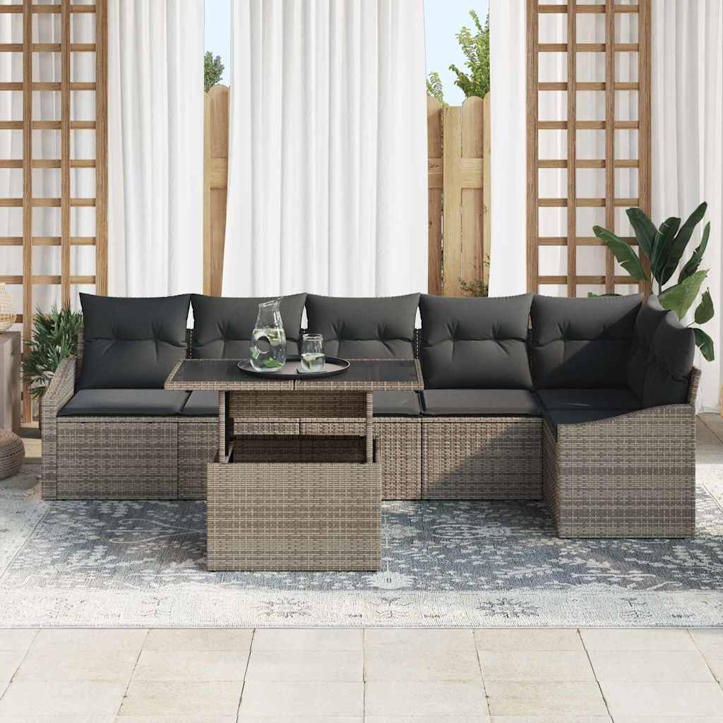 Garden Sofa Set with Cushion 7 pcs Grey Poly Rattan