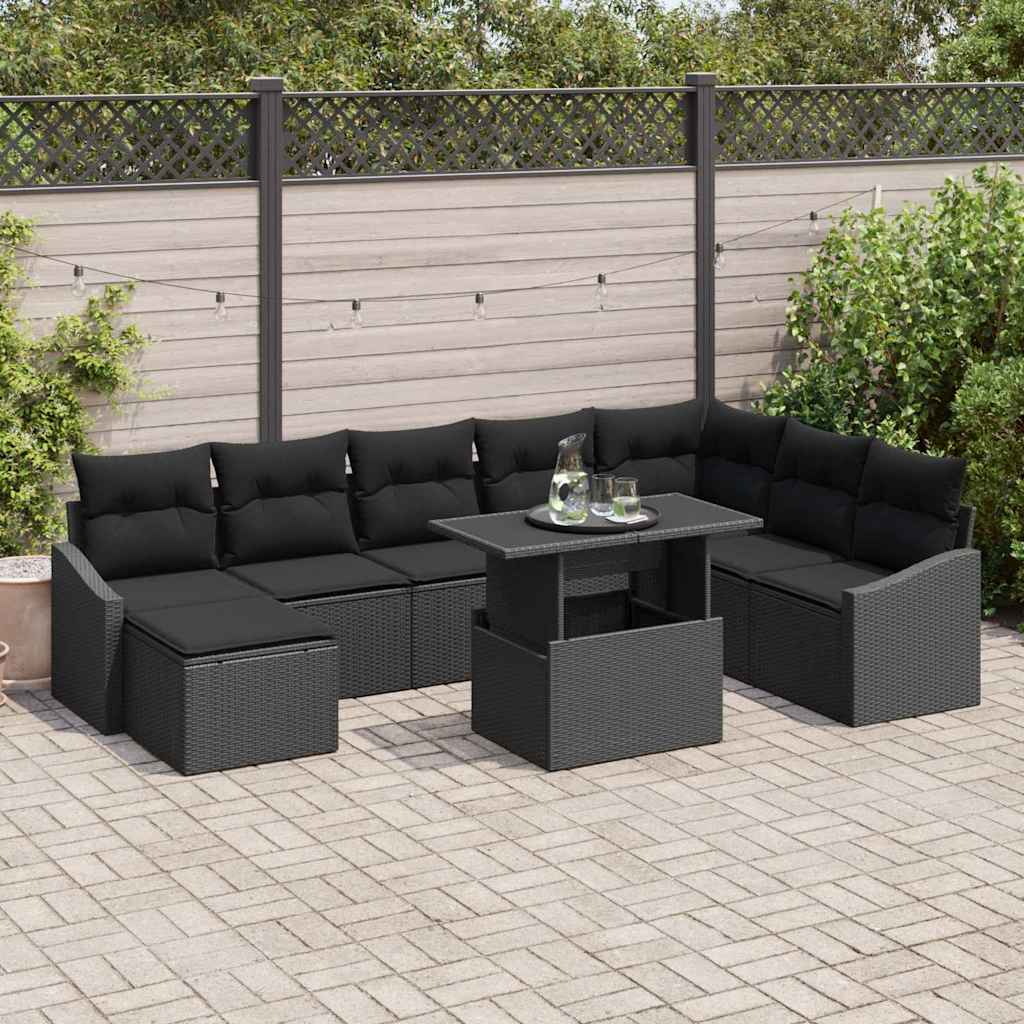 Garden Sofa Set 9 pcs Black Poly rattan, powder-coated steel