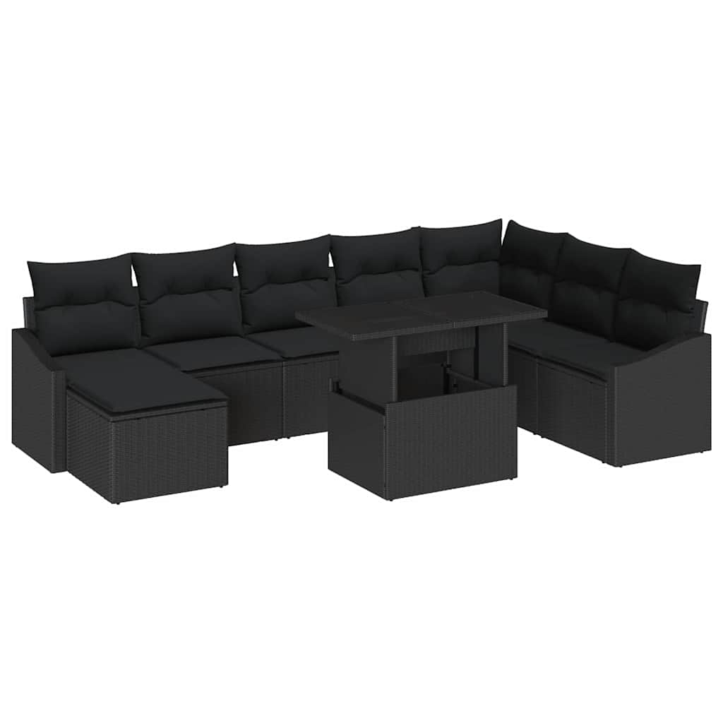 Garden Sofa Set 9 pcs Black Poly rattan, powder-coated steel