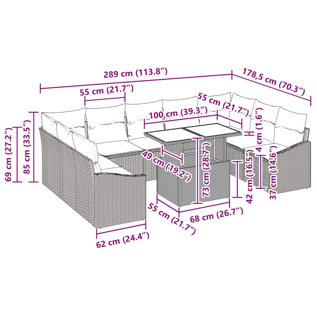 Garden Sofa Set with Cushion 10 pcs Grey 100 x 55 x 73 cm