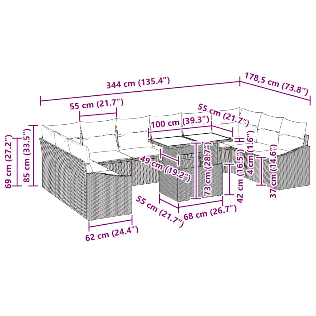 Garden Sofa Set with Cushion 11 pcs Black 100 x 55 x 73 cm