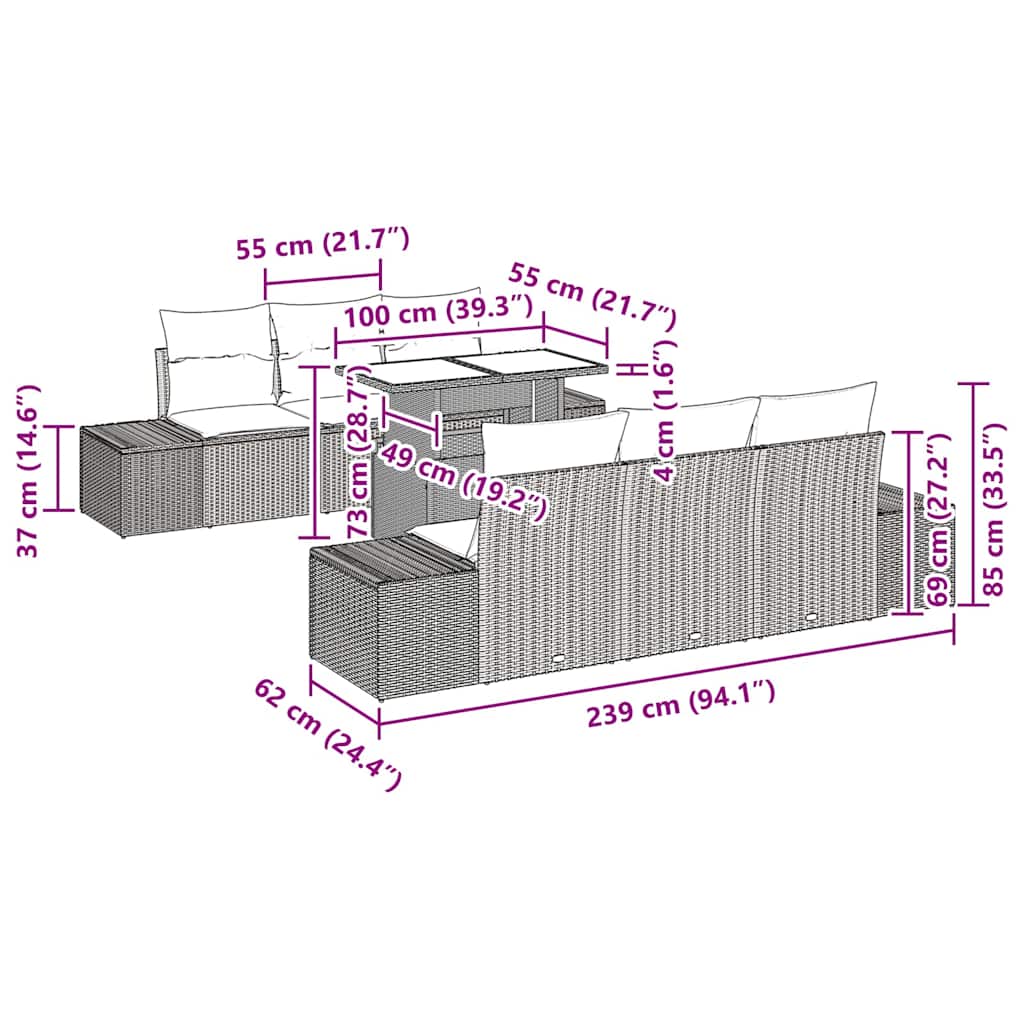 Sofa Set with Cushion Height Adjustable 7 pcs Black Poly Rattan