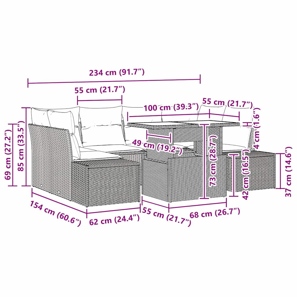 Garden Sofa Set with Cushion 7 pcs Black 100 x 55 x 73 cm