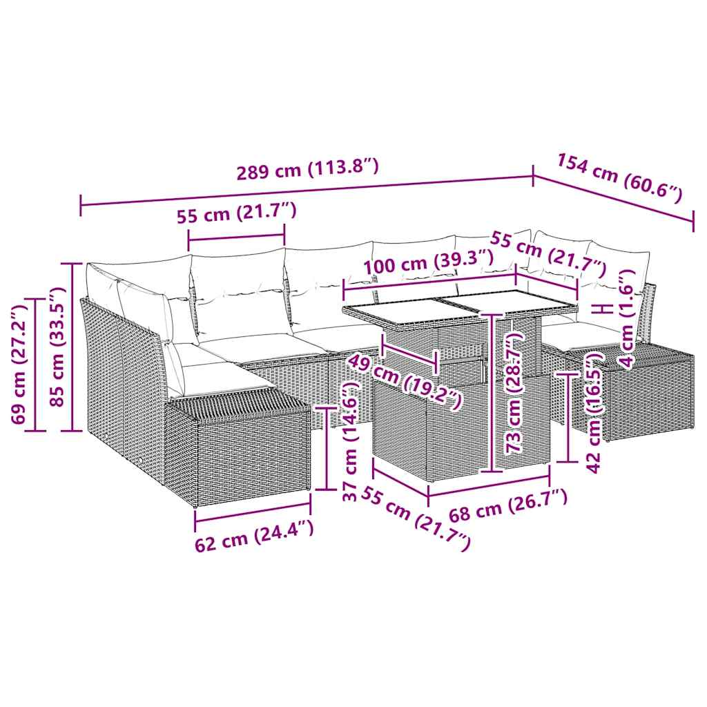 Garden Sofa Set with Cushion 8 pcs Black 100 x 55 x 73 cm