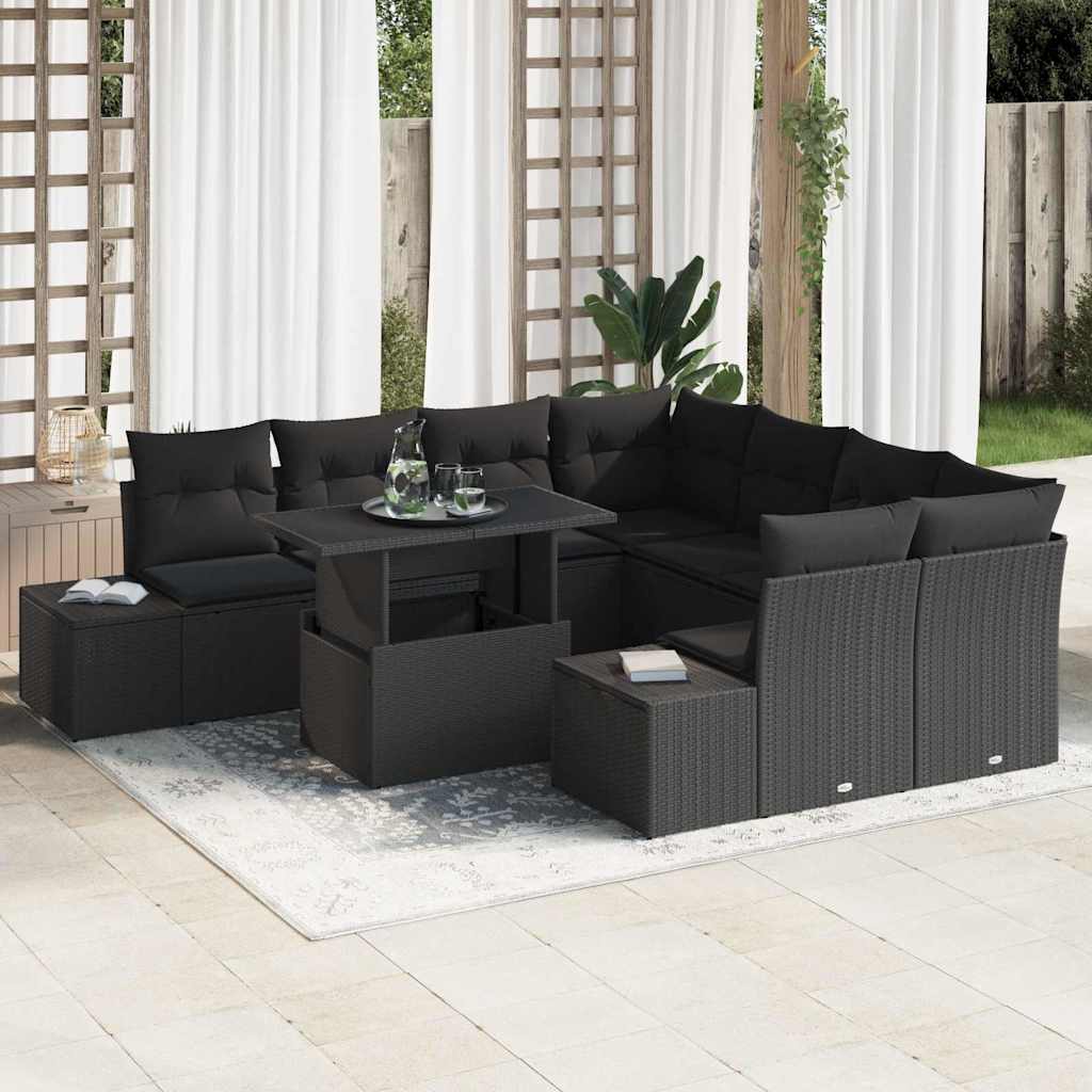 Sofa Set with Cushion Height Adjustable 9 pcs Black Poly Rattan