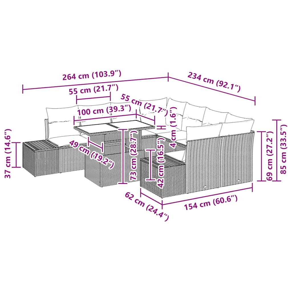 Sofa Set with Cushion Height Adjustable 9 pcs Black Poly Rattan