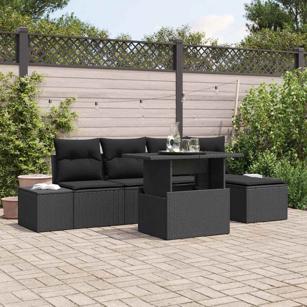 Garden Sofa Set with Cushion 6 pcs Black Poly Rattan