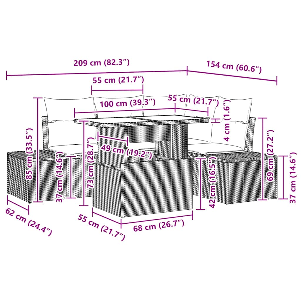 Garden Sofa Set with Cushion 5 pcs Black 100 x 55 x 73 cm
