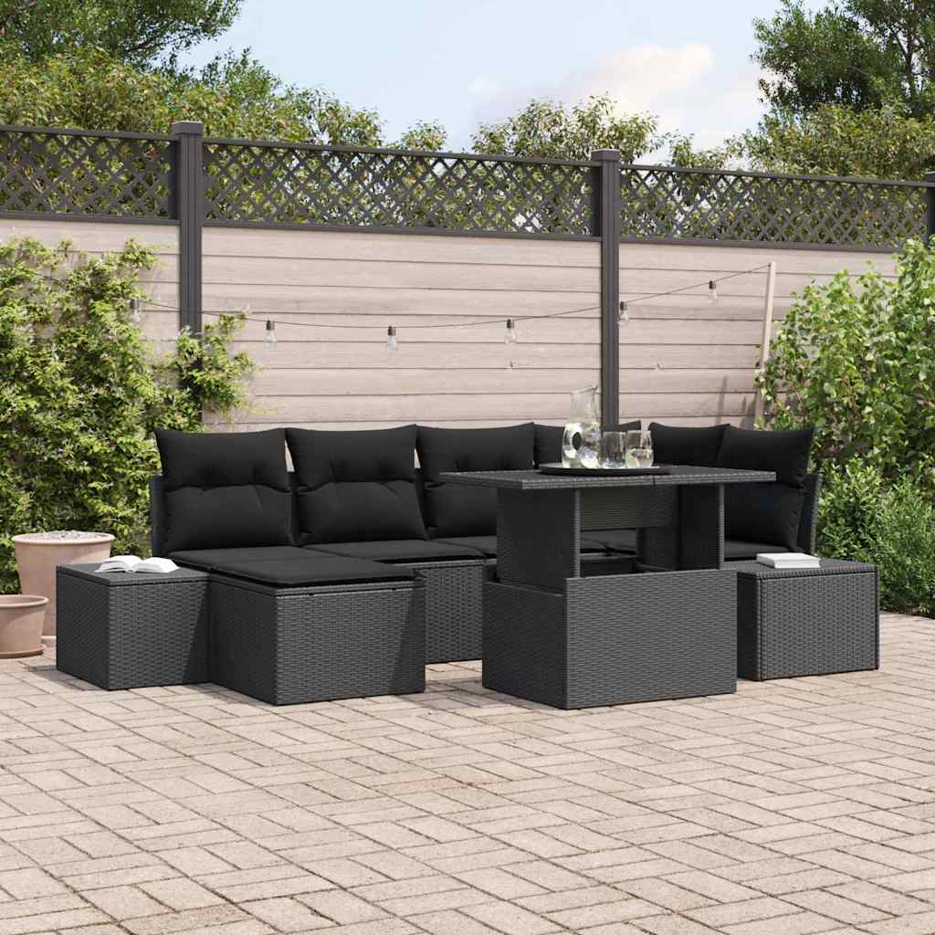 Garden Sofa Set 7 pcs Black Poly rattan and powder-coated steel
