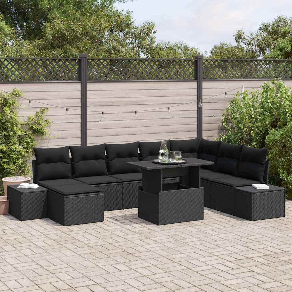 Garden Sofa Set 9 pcs Black Poly rattan, powder-coated steel