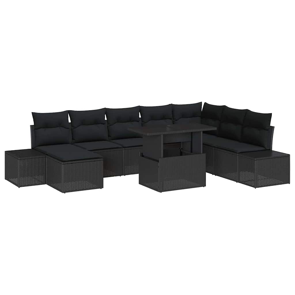 Garden Sofa Set 9 pcs Black Poly rattan, powder-coated steel
