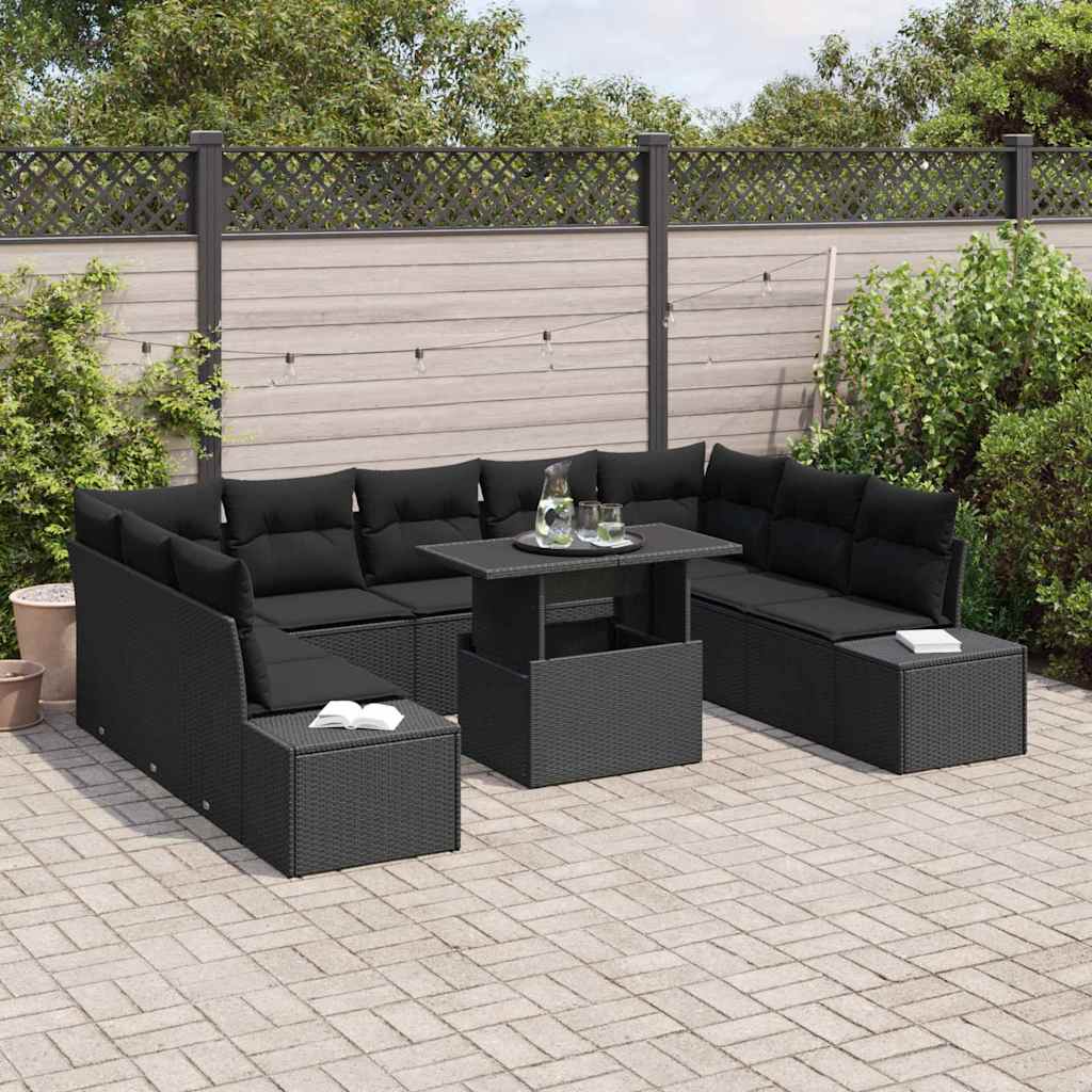 Garden Sofa Set with Cushion 10 pcs Black Poly Rattan